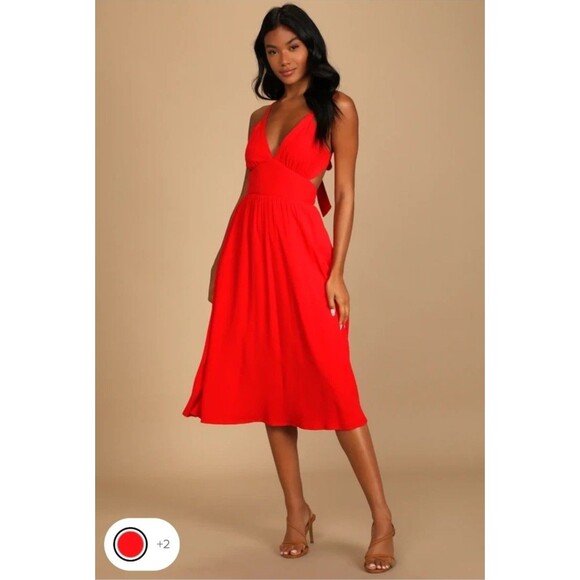 Lulus Dresses & Skirts - NEW Lulus Bold New Look Red Tie Back Midi Skater Dress MED Pockets Lined Empire